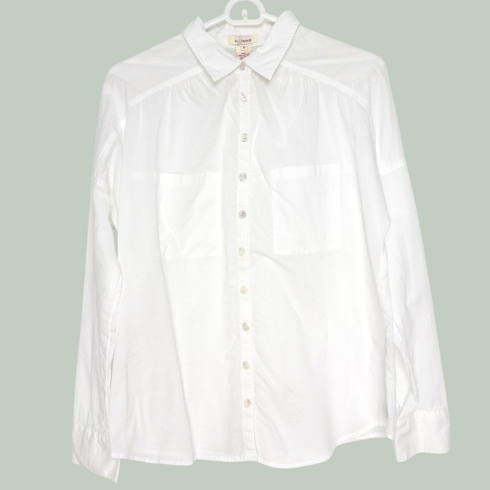 Sundance Womens White Micro Dot Cotton Button Down Shirt Size 8 Pockets